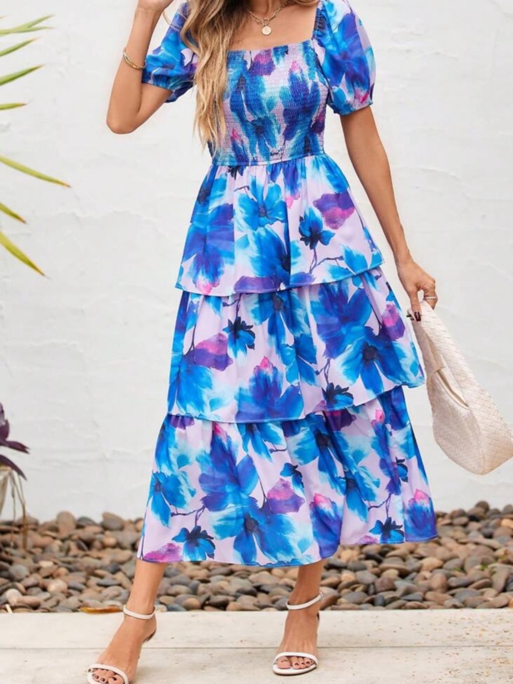 Blue and Pink Floral Tiered Midi Dress